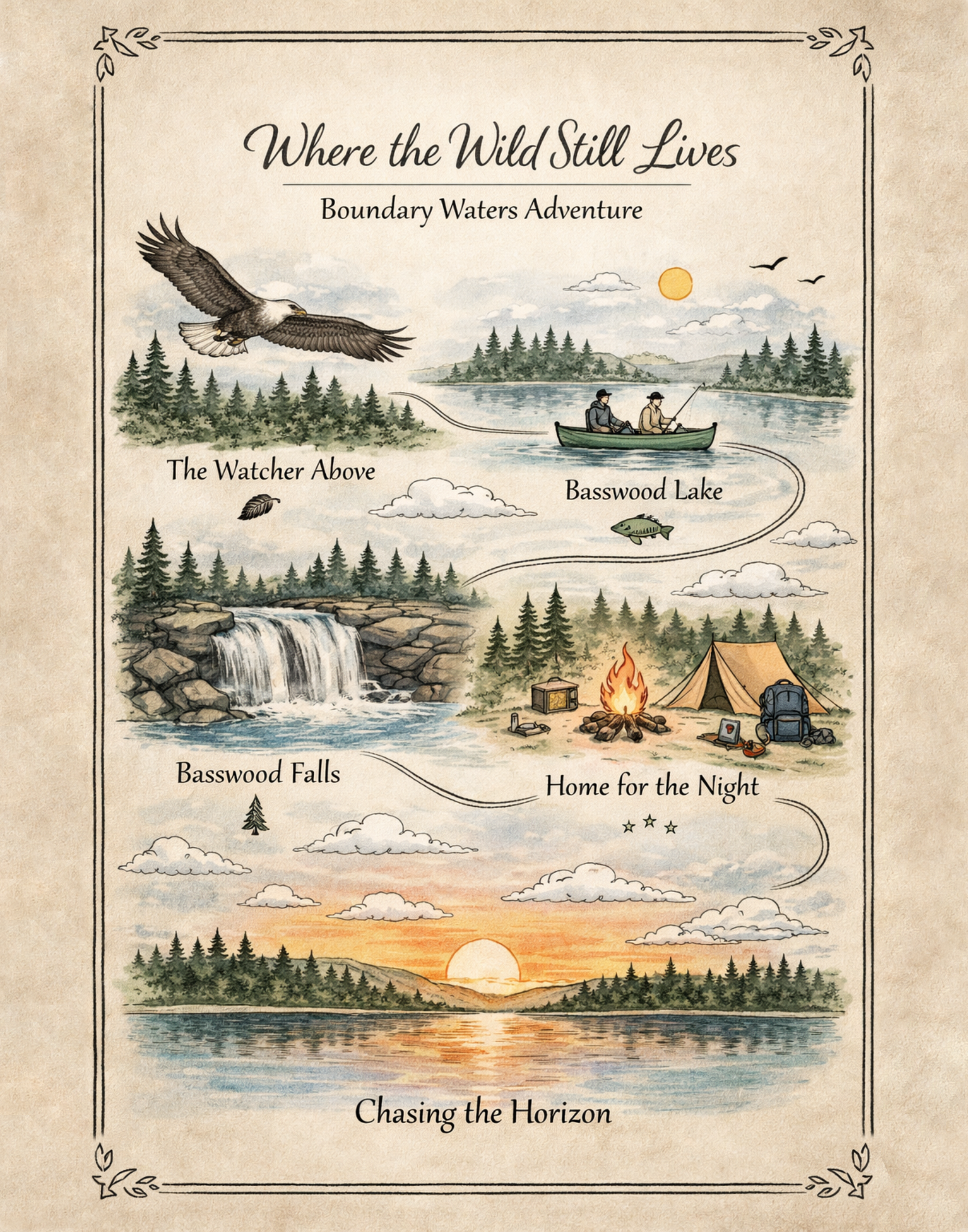 An illustrated Boundary Waters StoryMap titled Where the Wild Soul Lives, with lakes, waterfalls, wildlife, and a campsite.