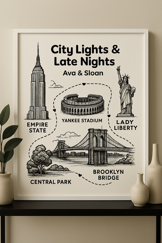 A framed custom illustrated map titled 'City Lights & Late Nights', featuring landmarks such as the Empire State Building, Yankee Stadium, Lady Liberty, Brooklyn Bridge, and Central Park.