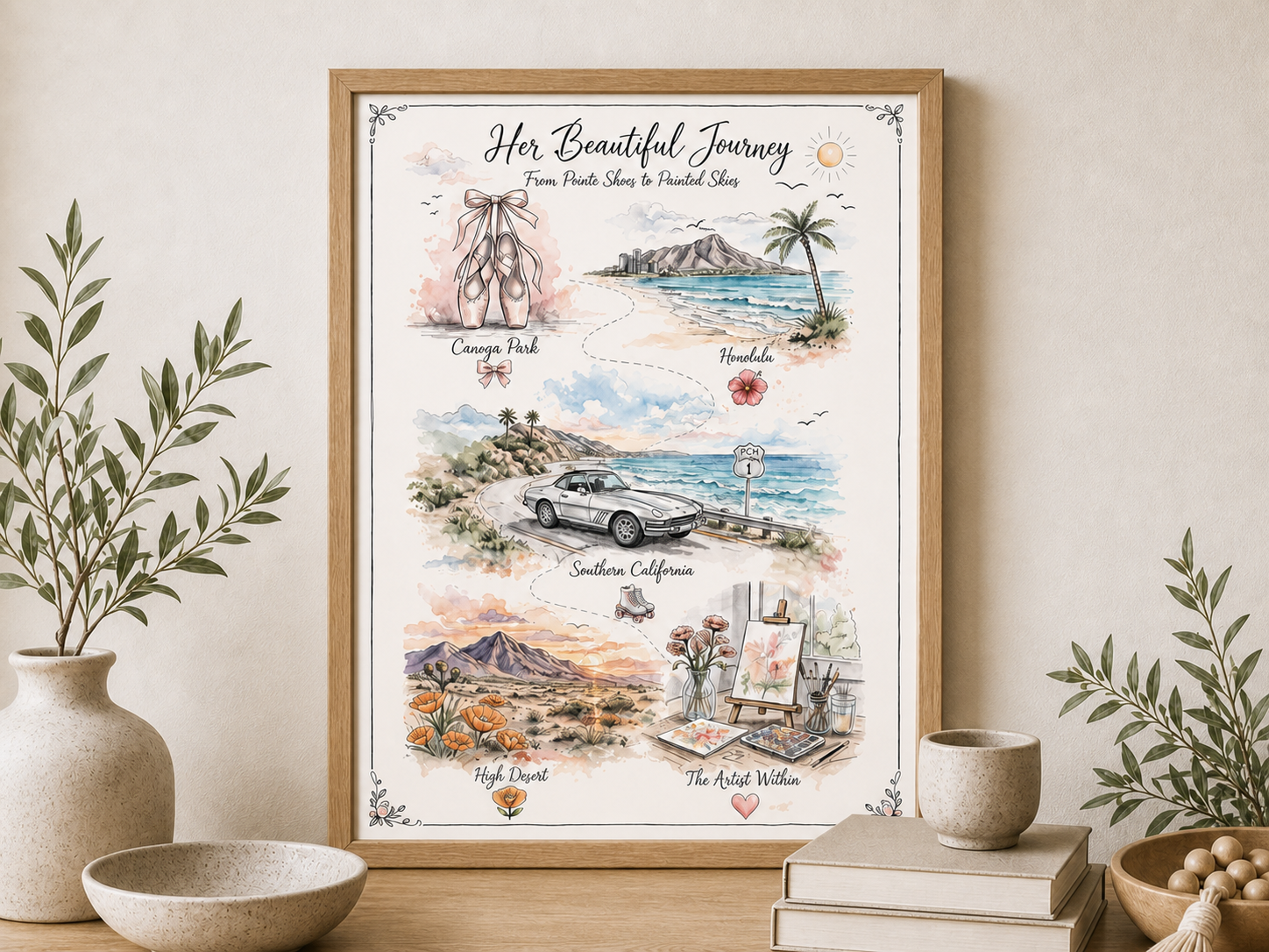 A framed StoryMap titled Her Beautiful Journey displayed in a warm, neutral room.