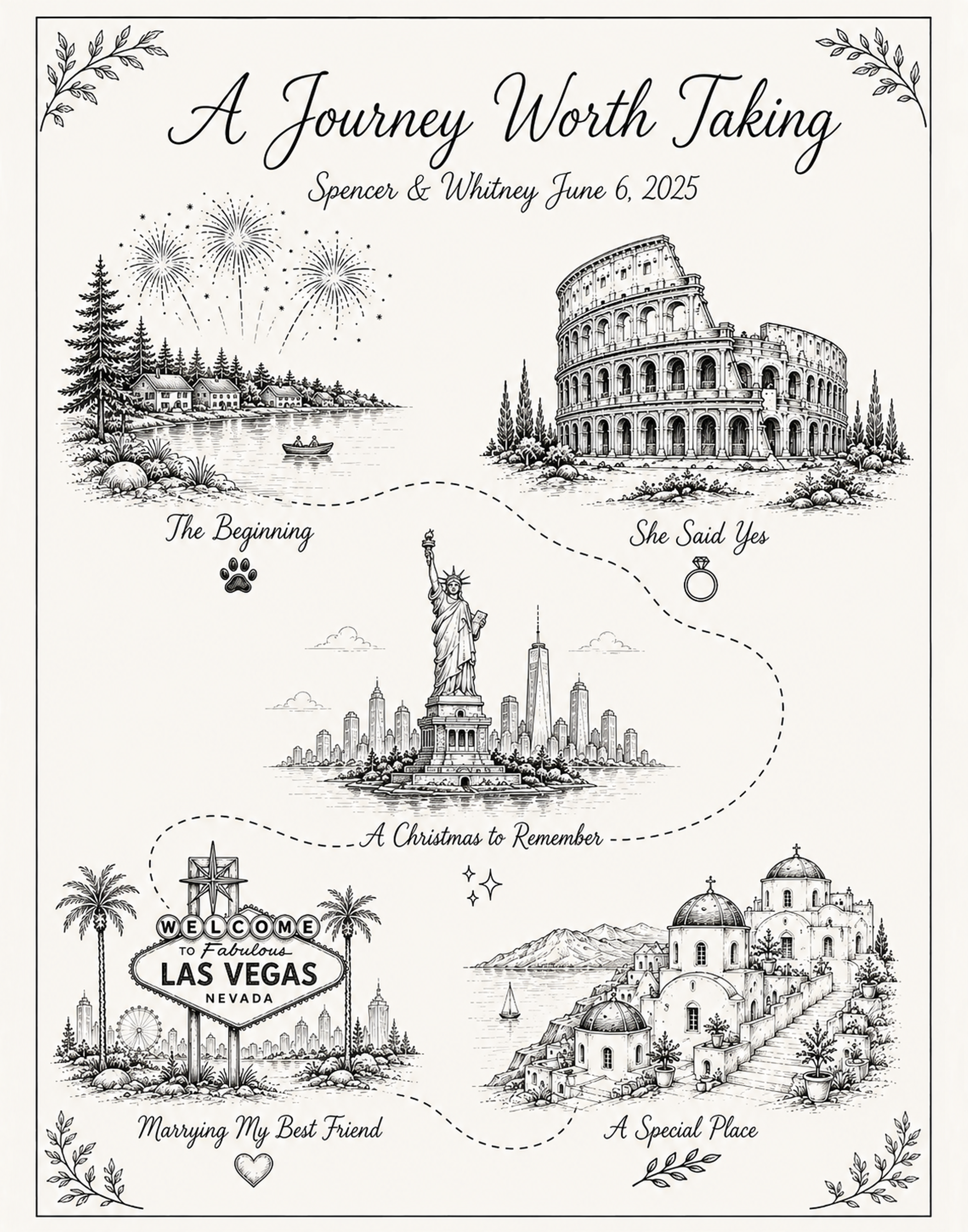 An illustrated StoryMap titled A Journey Worth Taking, tracing a couple's story from their beginning to a Las Vegas wedding.