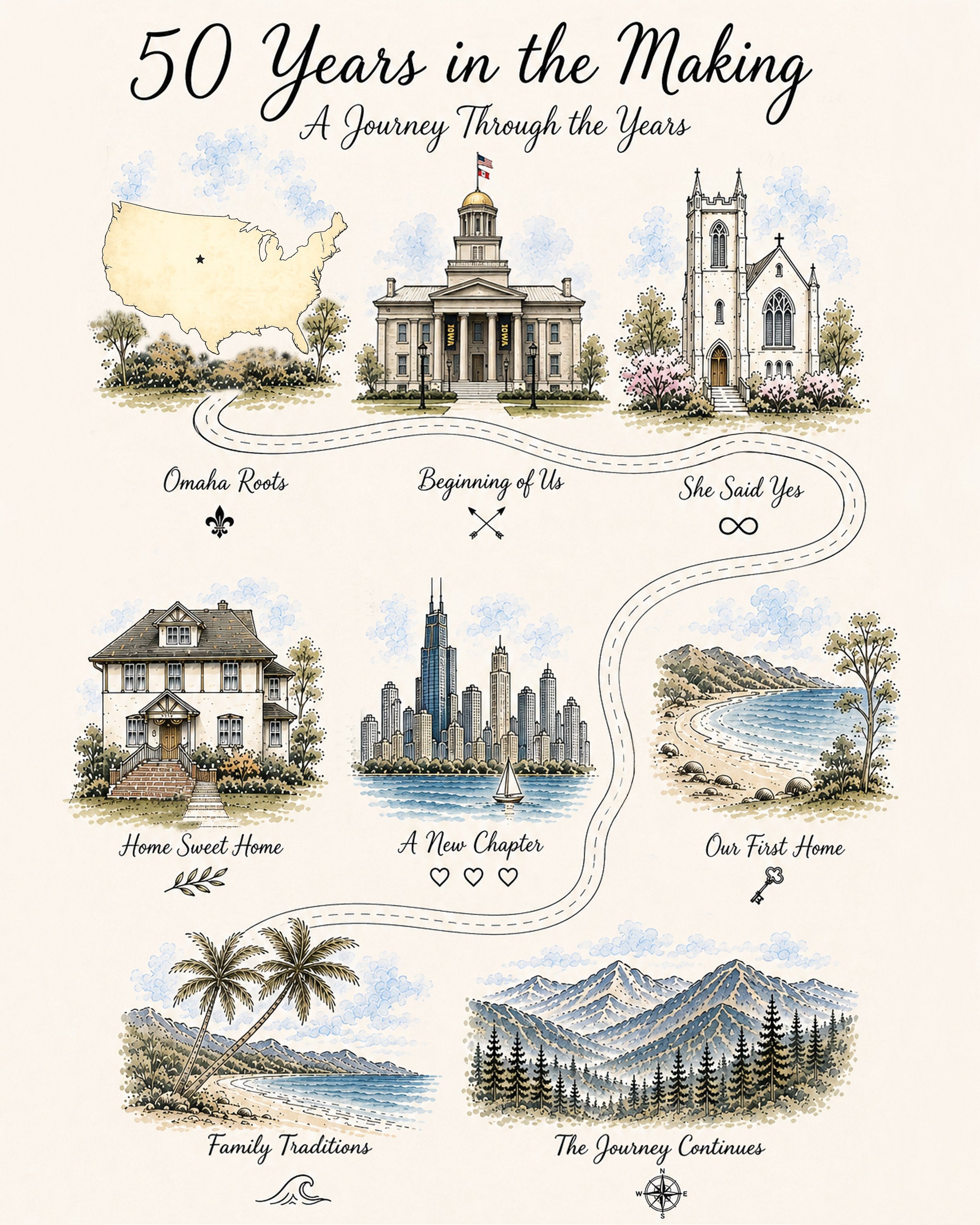 An Extended StoryMap titled 50 Years in the Making, illustrated with chapters from a couple's life.